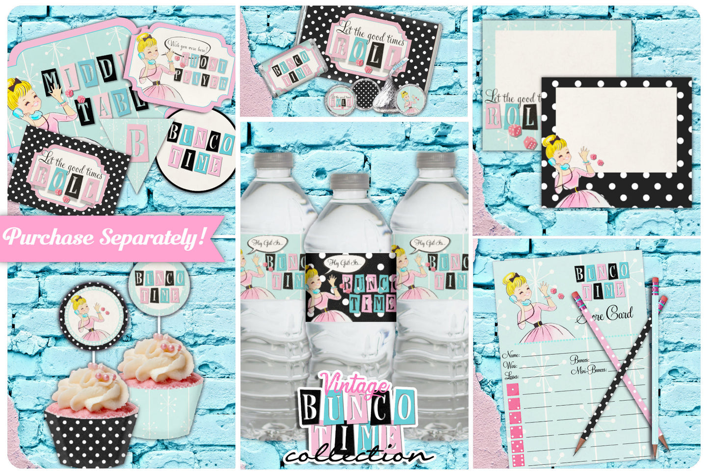 Bunco Time BRIGHT-Full Party Printables-Game Night-Girls Night-Dice-Retro-50's-Shabby Chic Parties-Digital Decorations-Instant DOWNLOAD