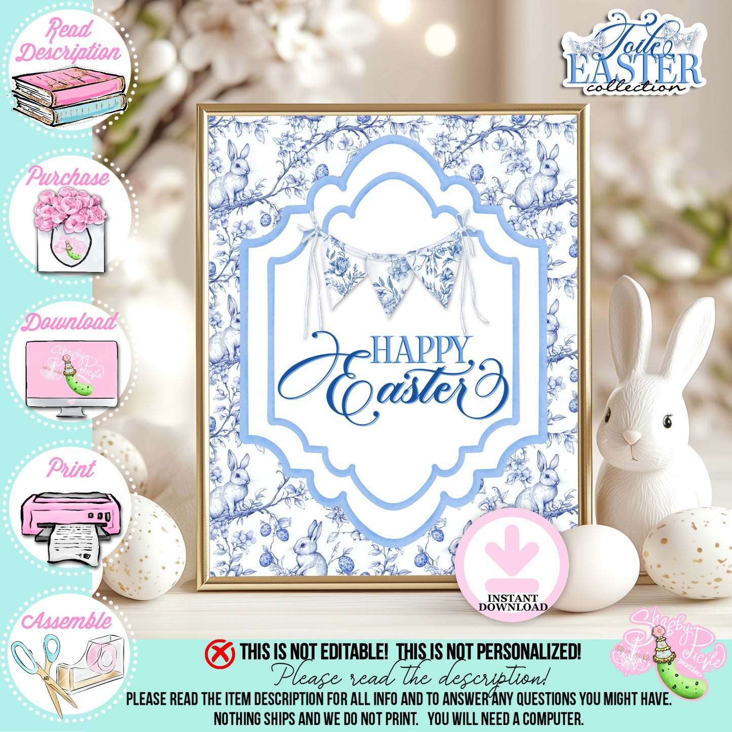 Toile Easter-FREE Happy Easter Sign-Easter Sign-Fancy Easter-Posh Easter-Easter Sunday-Happy Easter-Chinoiserie Easter-Chinoisery-Blue Toile-INSTANT DOWNLOAD