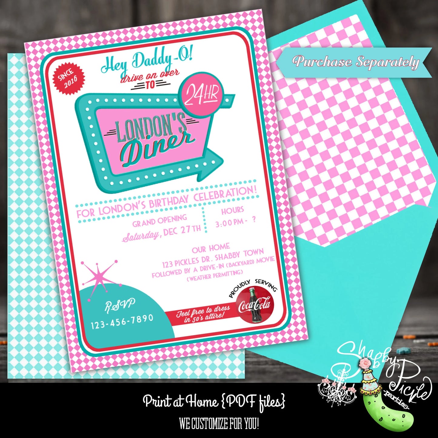 Pink's Diner-We Customize with Your Name!-Krispie Treat Wrapper-Retro-50's Diner-Party Printable-Birthday-1950s-50s Party-Parties-Printables