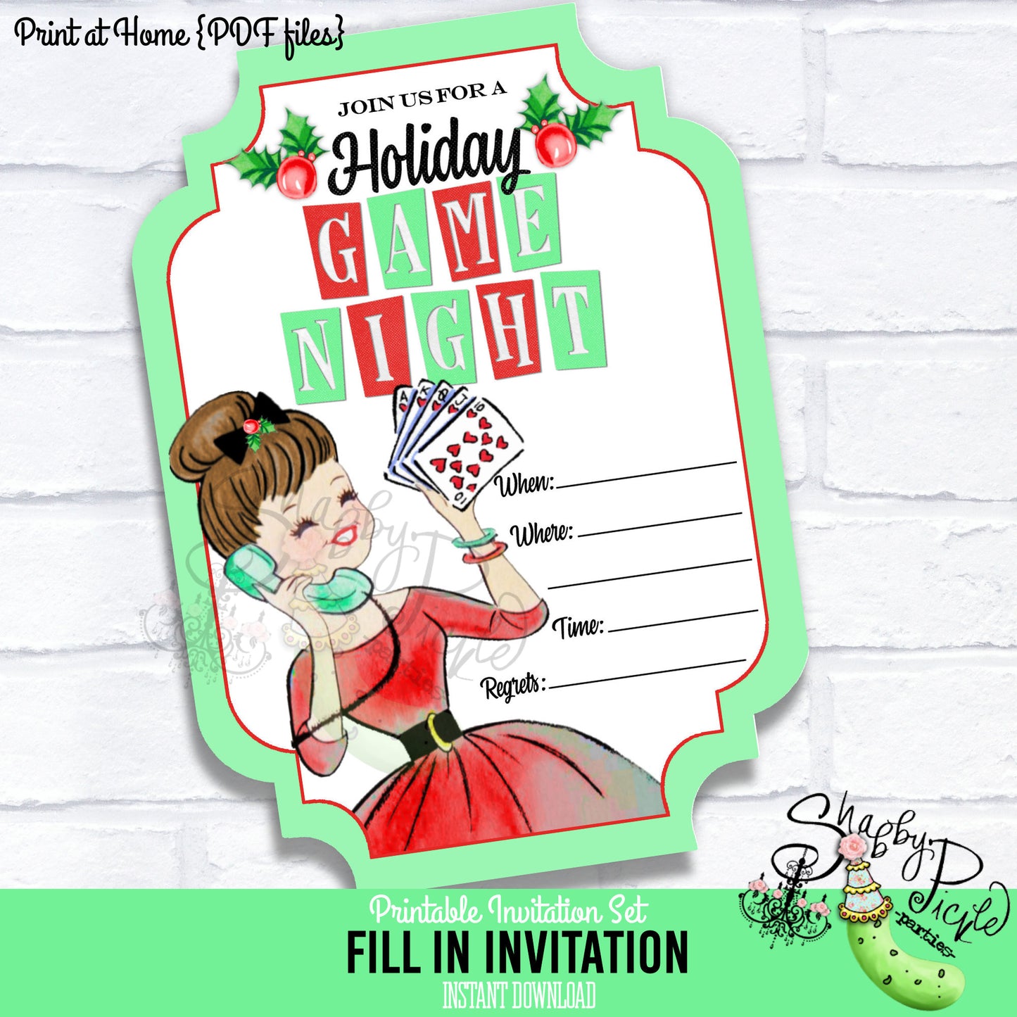 Holiday Game Night-Fill In Invitation-Holly-Christmas-Invite-Retro-Xmas-Family Game Night-Invitations-Printable-INSTANT DOWNLOAD