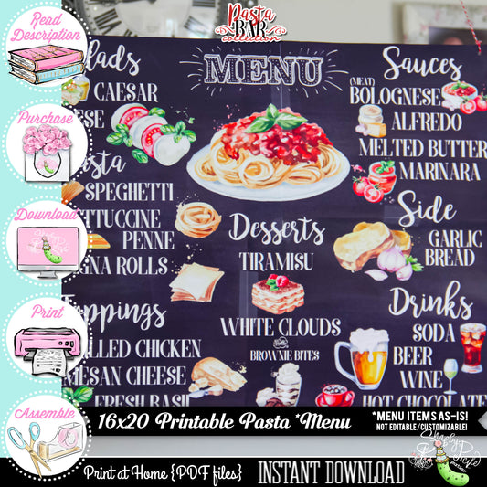 Pasta Bar-16x20 Menu-Pasta Bar Menu-As Shown No Changes-Not Customizable-Party Printable-Pasta Night-Pasta Buffet-Digital-INSTANT DOWNLOAD