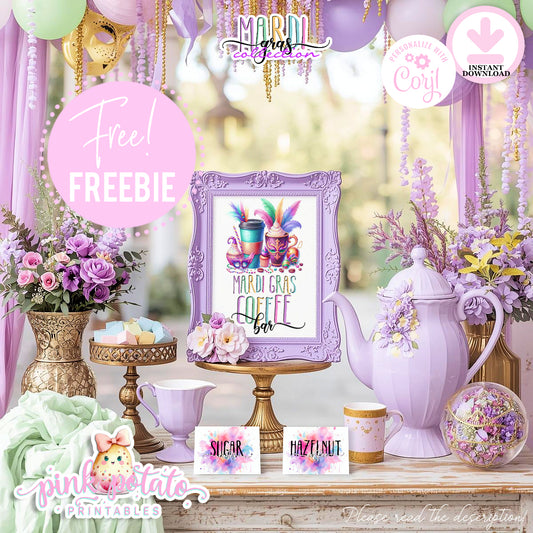 Mardi Gras-FREE Coffee Bar Sign & 48 Prefilled Buffet Cards-8 Blank Tent Cards to fill in by Hand--FREEBIE-Sign-Mardi Gras Theme-Fat Tuesday-Party Printable-Digital-INSTANT DOWNLOAD