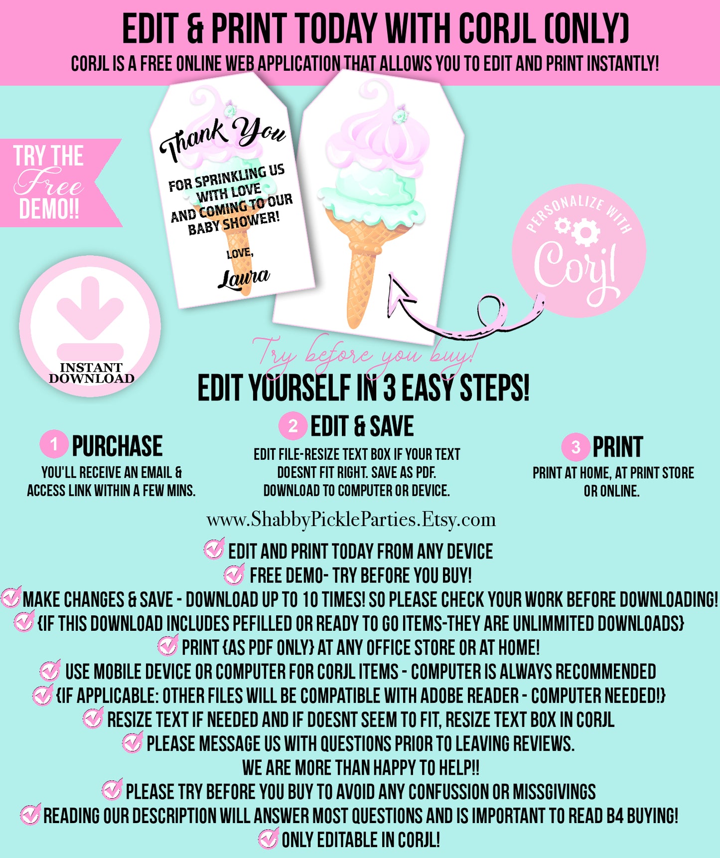 Here's The Scoop, Baby-Favor Tags-Customize in Corjl-Ice Cream Baby Shower-Thank You Tags-Create Your Own-Edit-Digital-INSTANT DOWNLOAD