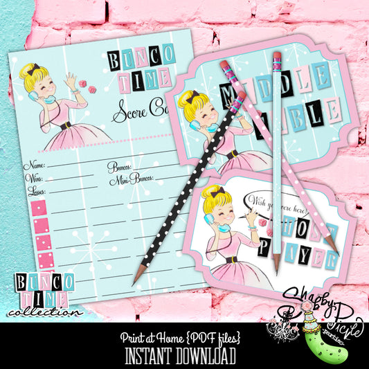 Bunco Time BRIGHT-Score Card-Table Signs-Pencil Covers-Girls Night-Game Night-50's-Print At Home-Printable Party-Printables-INSTANT DOWNLOAD