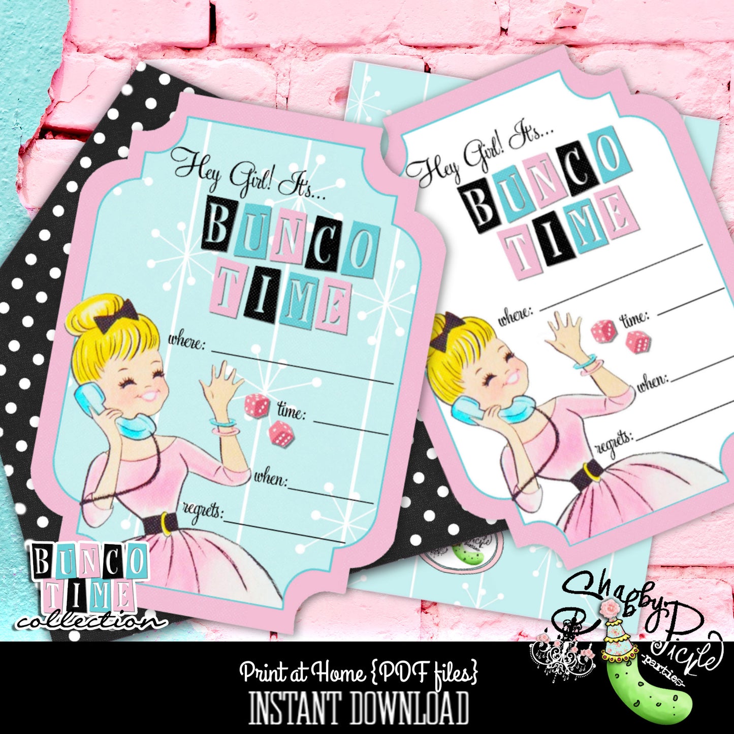 Bunco Time Bright-FILLIN 5x7 Invitation-Girls Night-Game Night-Retro Party-Print At Home-Printable Invites-Invitations-INSTANT DOWNLOAD