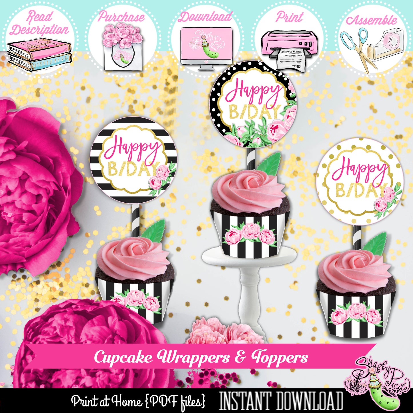 Kate Spade Birthday-Cupcake Liners Wrapper-Cupcake Toppers Logos-Birthday Party-Kate Spade Inspired-Dessert Table-Printable-INSTANT DOWNLOAD