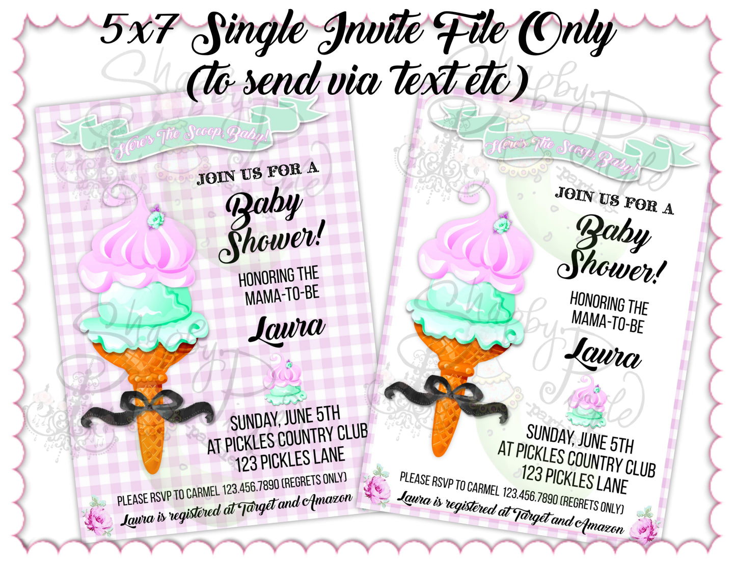 Here's The Scoop, Baby-Invitation-Customize in Corjl-Ice Cream Baby Shower-Ice Cream Baby Shower Invites-Try Demo-Digital-INSTANT DOWNLOAD