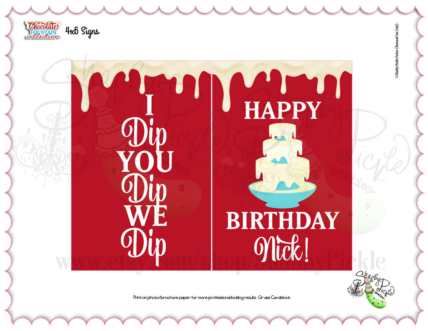 Chocolate Fountian Birthday-Signs and Banner Pieces-We Customize-Personalized Name-Dessert Table-Printable-DIGITAL DOWNLOAD