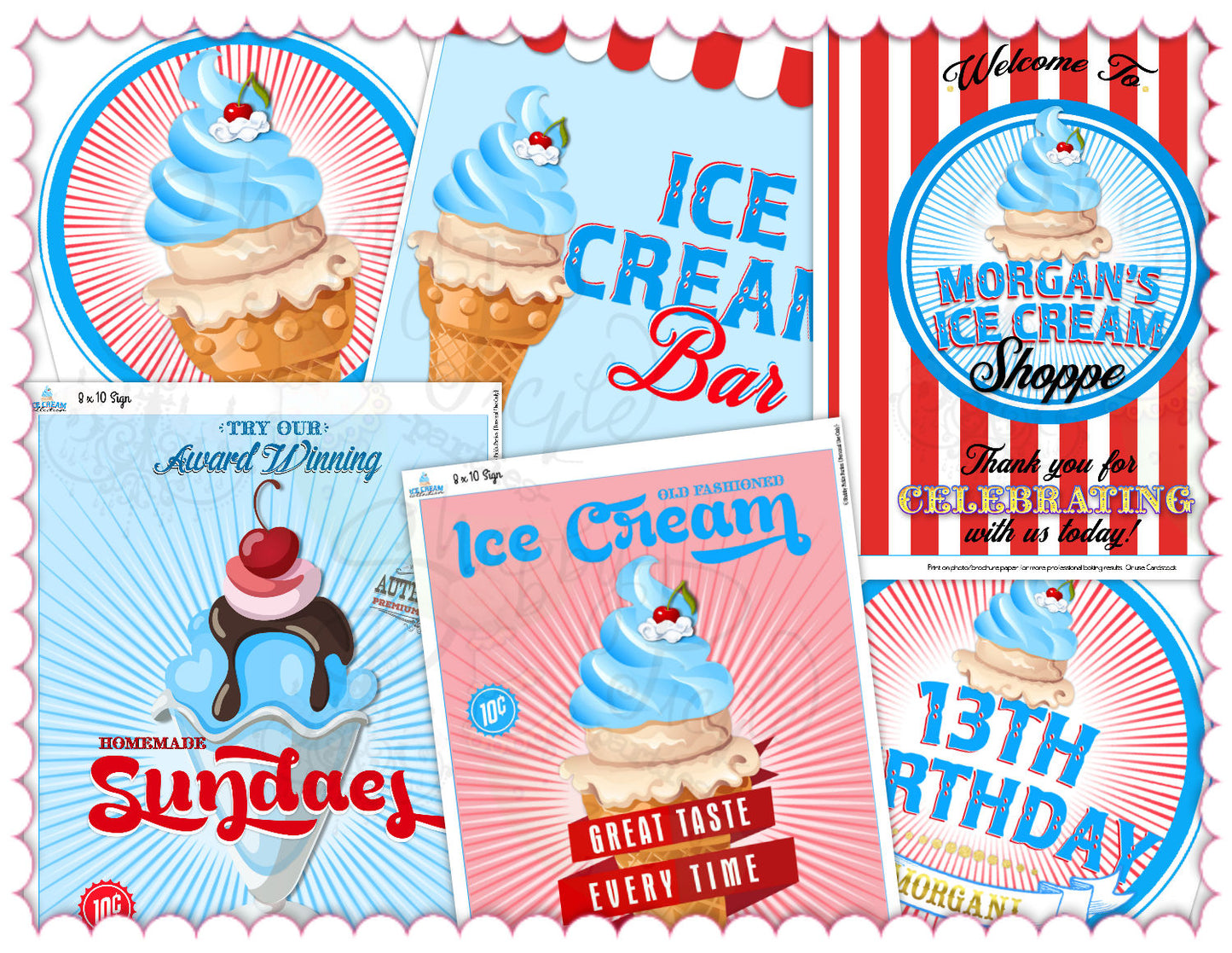 Ice Cream Shoppe Party-8 Signs-Custom Name and Age-Birthday-Customize-Personalize-Download-Retro Ice Cream Shop-Printable-DIGITAL DOWNLOAD