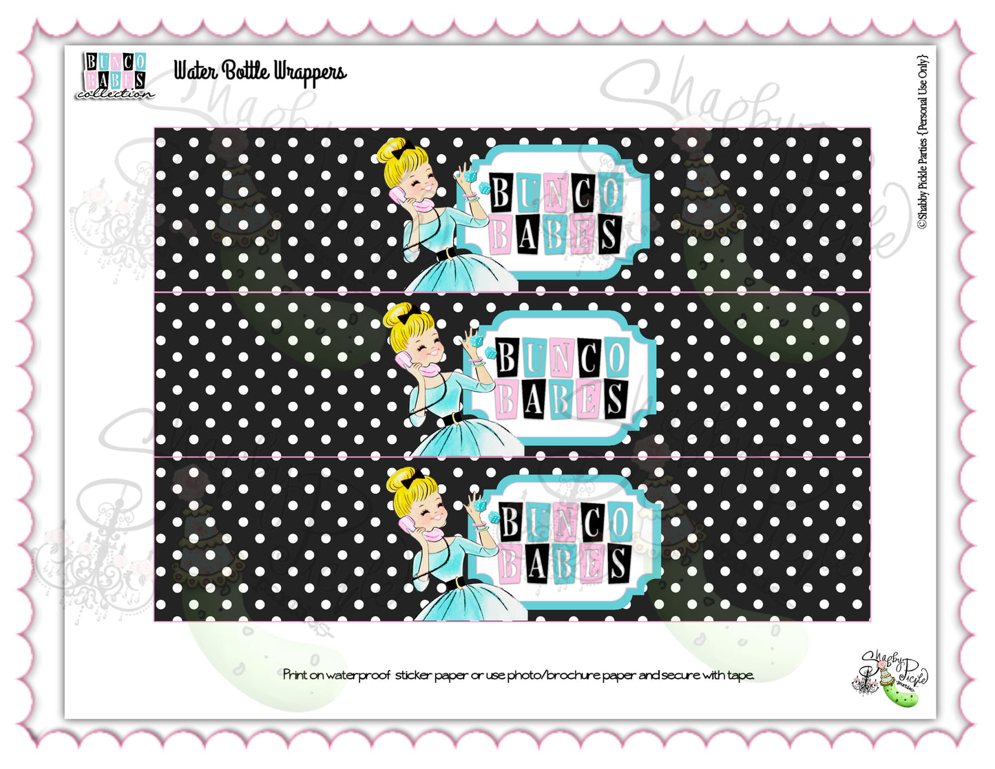 Bunco Babes-Water Bottle Labels-Bunko-Girls Night-Game Night-Water Bottle Wrappers-Waterbottle Stickers-Digital-INSTANT DOWNLOAD