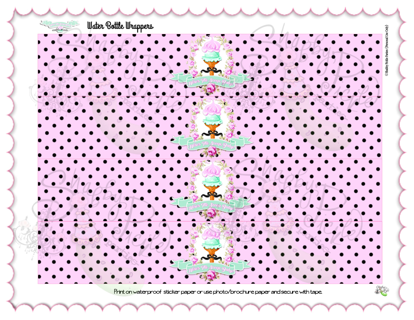 Here's The Scoop, Baby-Water Bottle Labels-Ice Cream Baby Shower-Water Bottle Wrappers-Waterbottle Stickers-Digital-INSTANT DOWNLOAD