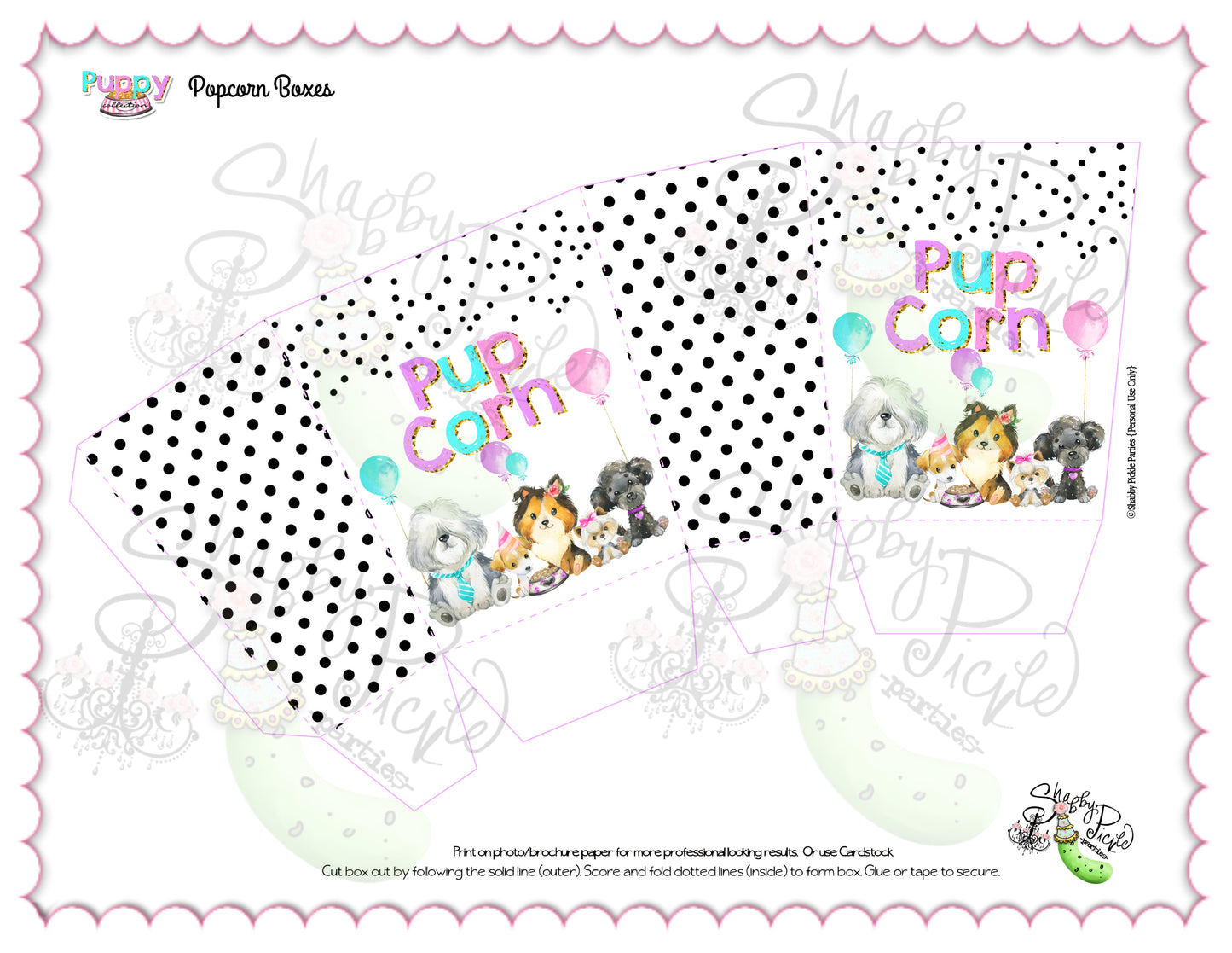 Puppy Pawty-Pupcorn Boxes-Popcorn Favor Box Template-You Assemble-Favor Boxes-Favor Boxes-Puppy Party-Birthday-Digital-INSTANT DOWNLOAD