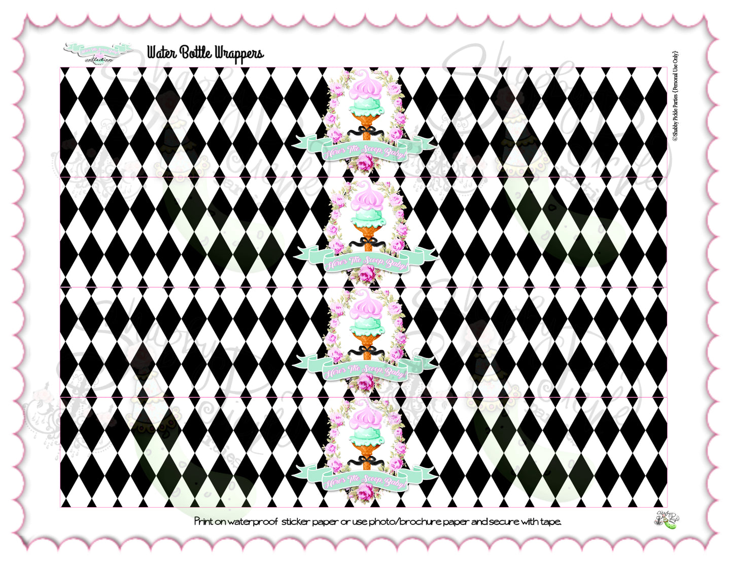 Here's The Scoop, Baby-Water Bottle Labels-Ice Cream Baby Shower-Water Bottle Wrappers-Waterbottle Stickers-Digital-INSTANT DOWNLOAD