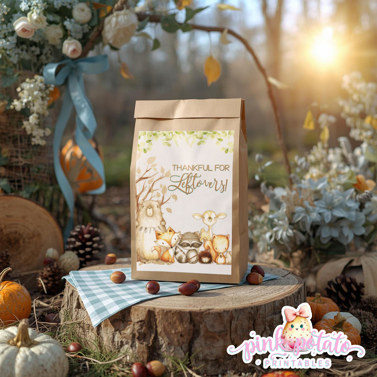 Woodland Thanksgiving-Gift Bag Label-Printable-Favor Label-Thanksgiving Dinner-Leftovers Label-Leftover-Holiday Party-INSTANT DOWNLOAD