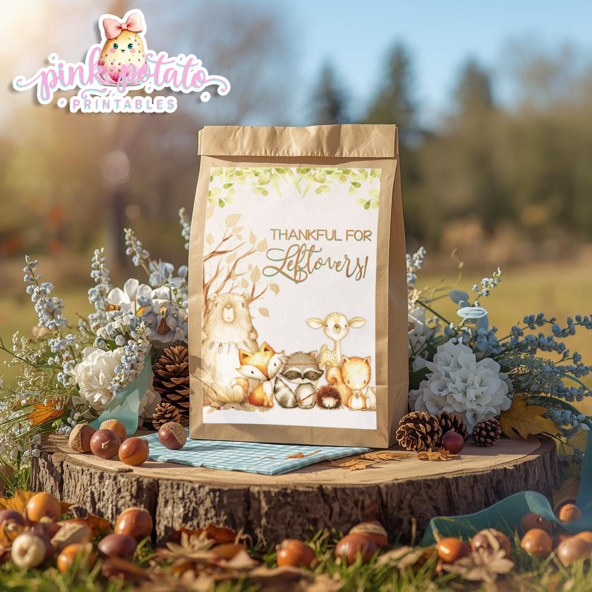 Woodland Thanksgiving-Gift Bag Label-Printable-Favor Label-Thanksgiving Dinner-Leftovers Label-Leftover-Holiday Party-INSTANT DOWNLOAD