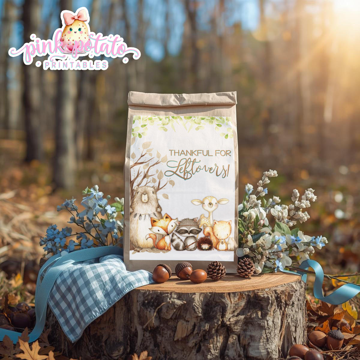 Woodland Thanksgiving-Gift Bag Label-Printable-Favor Label-Thanksgiving Dinner-Leftovers Label-Leftover-Holiday Party-INSTANT DOWNLOAD
