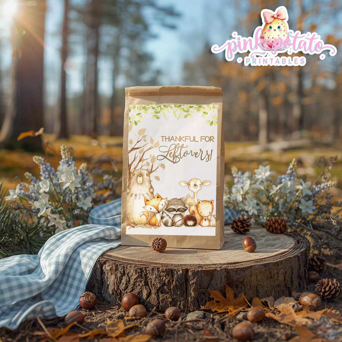 Woodland Thanksgiving-Gift Bag Label-Printable-Favor Label-Thanksgiving Dinner-Leftovers Label-Leftover-Holiday Party-INSTANT DOWNLOAD