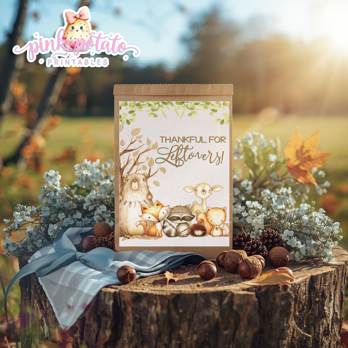 Woodland Thanksgiving-Gift Bag Label-Printable-Favor Label-Thanksgiving Dinner-Leftovers Label-Leftover-Holiday Party-INSTANT DOWNLOAD