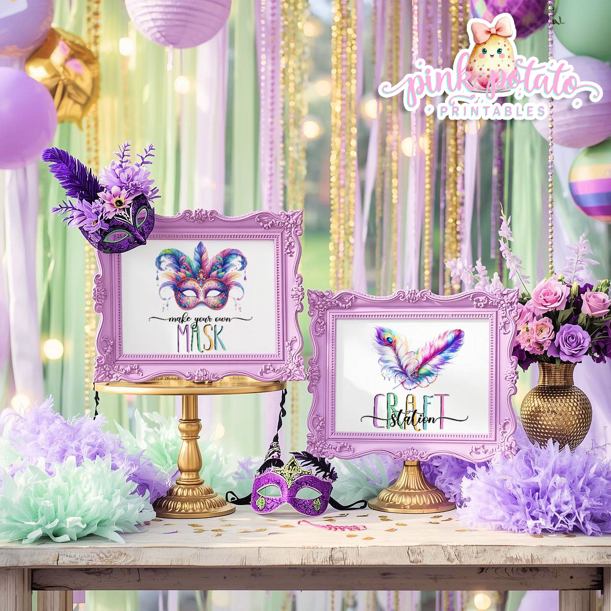 Mardi Gras-Party Signs-Craft Signs-Make Your Own Masks Sign-Mardi Gras Theme-Fat Tuesday-Party Printable-Digital-INSTANT DOWNLOAD