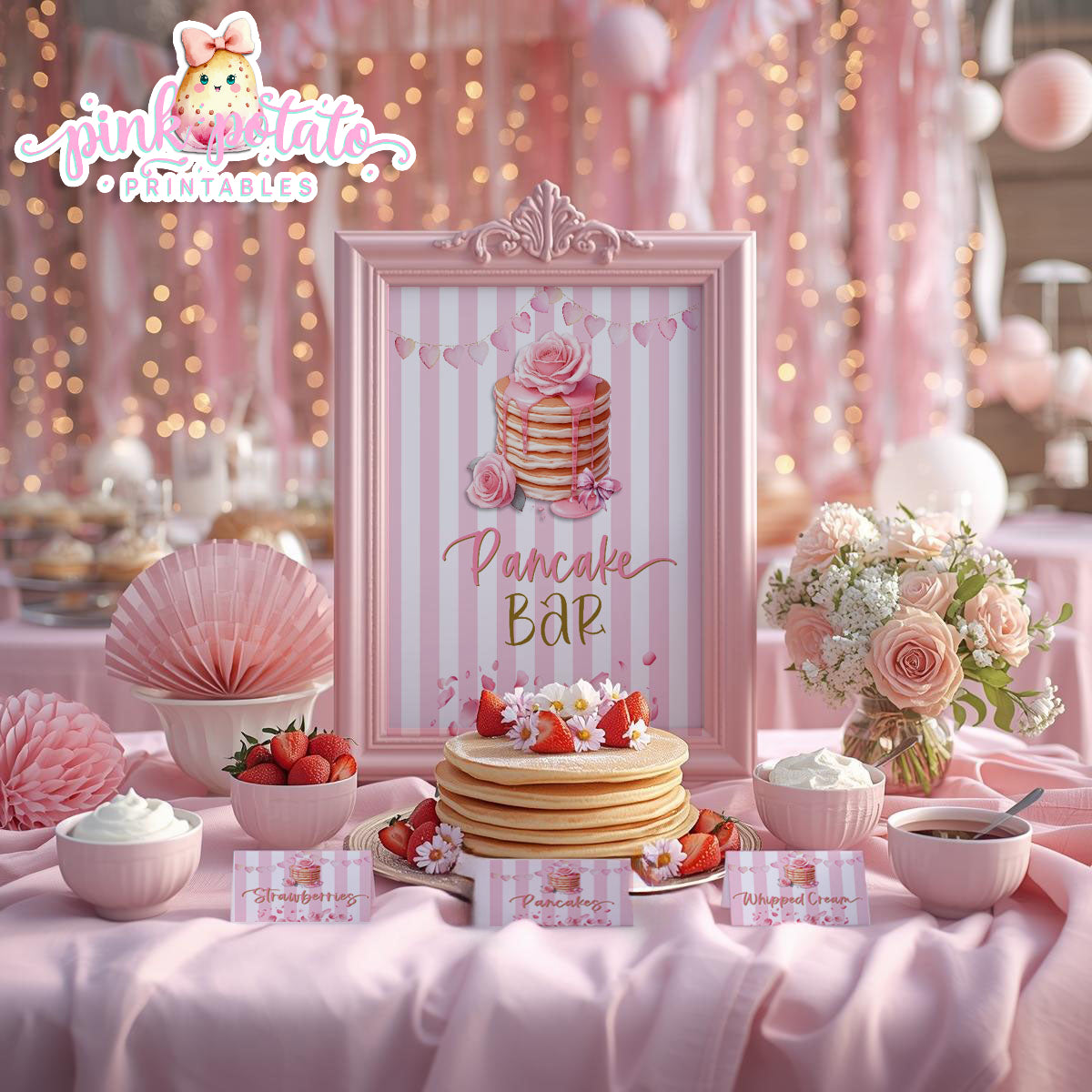 Pink Valentine-Pancake Bar-Buffet Cards & 8x10 Signs (2)-Valentine's Day-Buffet-Valentine's Party-PREFILLED PDF-EDITABLE IN CORJL ONLY-INSTANT DOWNLOAD