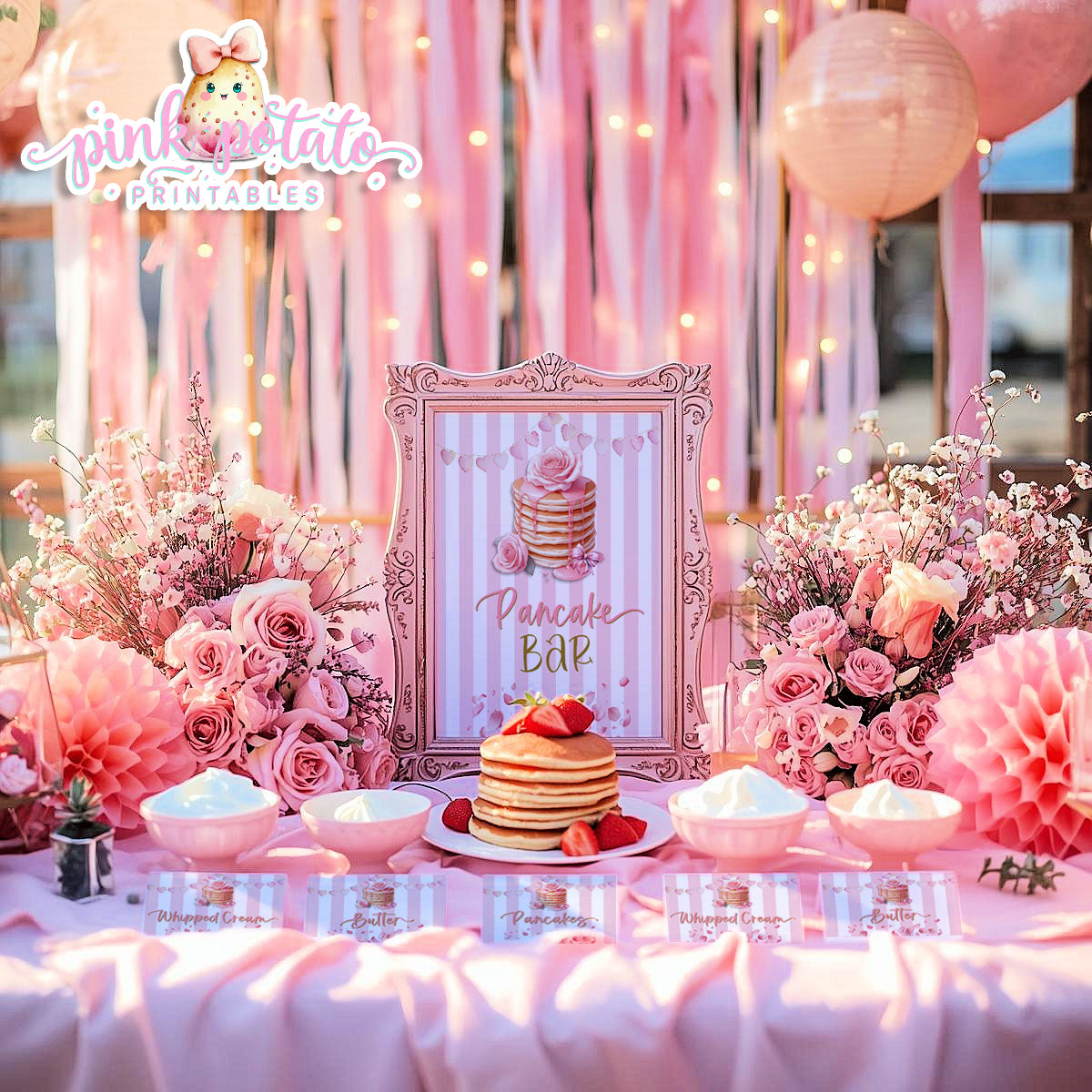 Pink Valentine-Pancake Bar-Buffet Cards & 8x10 Signs (2)-Valentine's Day-Buffet-Valentine's Party-PREFILLED PDF-EDITABLE IN CORJL ONLY-INSTANT DOWNLOAD