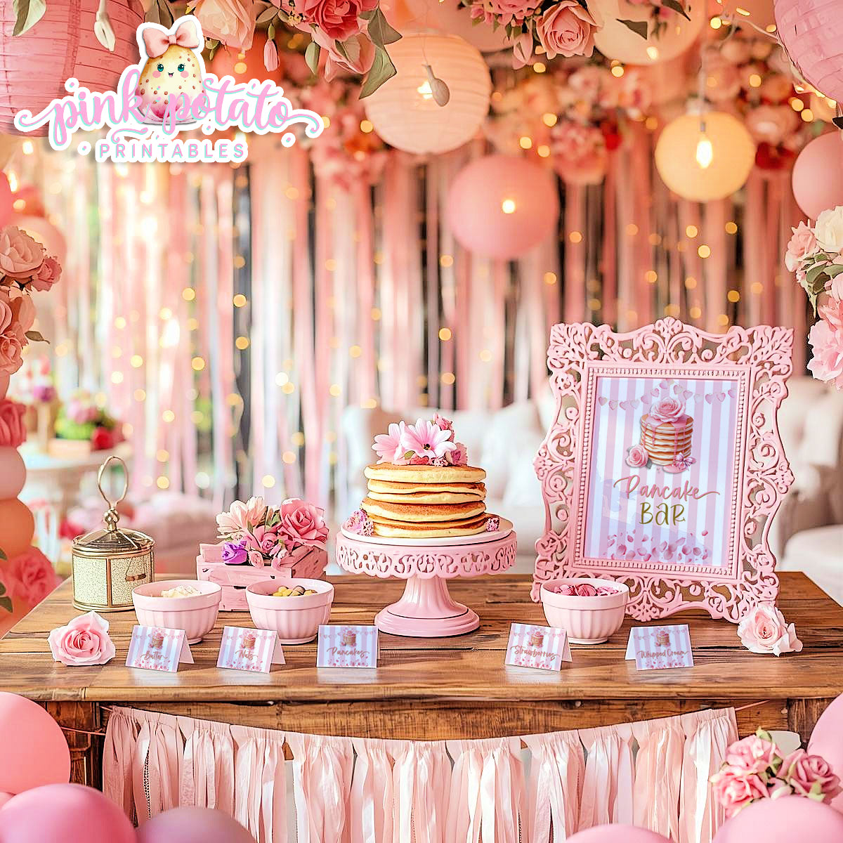 Pink Valentine-Pancake Bar-Buffet Cards & 8x10 Signs (2)-Valentine's Day-Buffet-Valentine's Party-PREFILLED PDF-EDITABLE IN CORJL ONLY-INSTANT DOWNLOAD