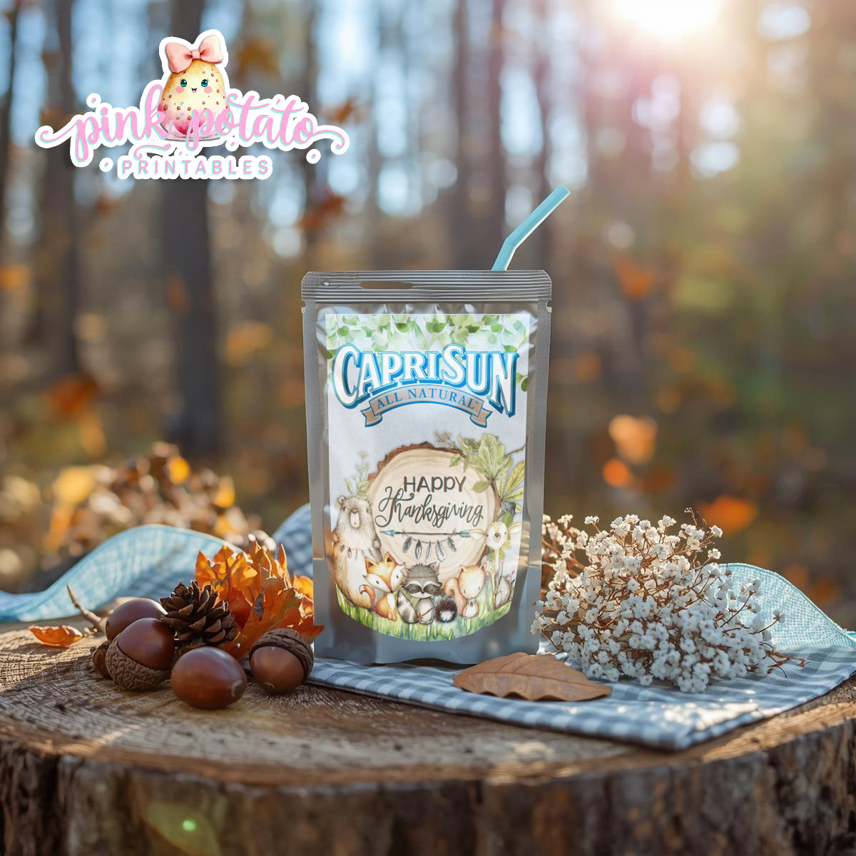 Woodland Thanksgiving-Capri Sun Label-Printable-CapriSun-Juice Label-Thanksgiving Dinner-Kids Table-Holiday Party-INSTANT DOWNLOAD