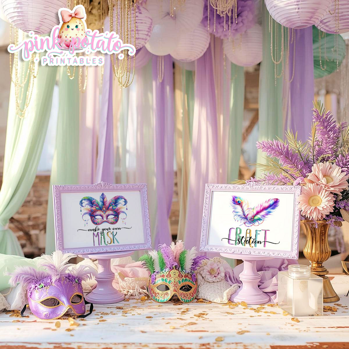 Mardi Gras-Party Signs-Craft Signs-Make Your Own Masks Sign-Mardi Gras Theme-Fat Tuesday-Party Printable-Digital-INSTANT DOWNLOAD