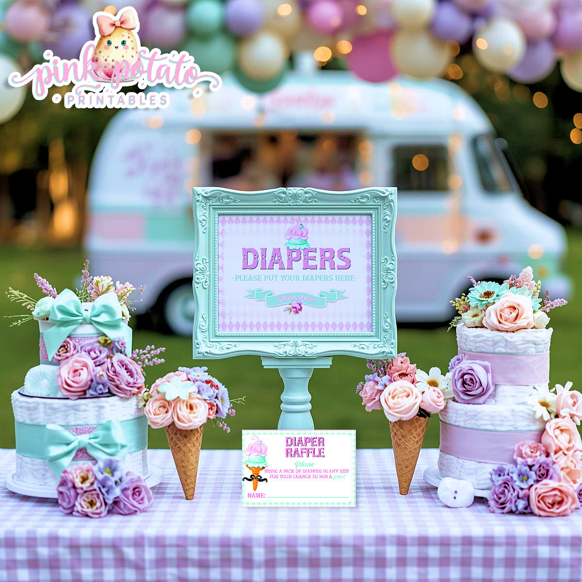 Here's The Scoop-Diaper Raffle Sign and Insert Cards-Ice Cream Baby Shower-Signs-Ice Cream Party Sign-Baby Shower-Digital-INSTANT DOWNLOAD