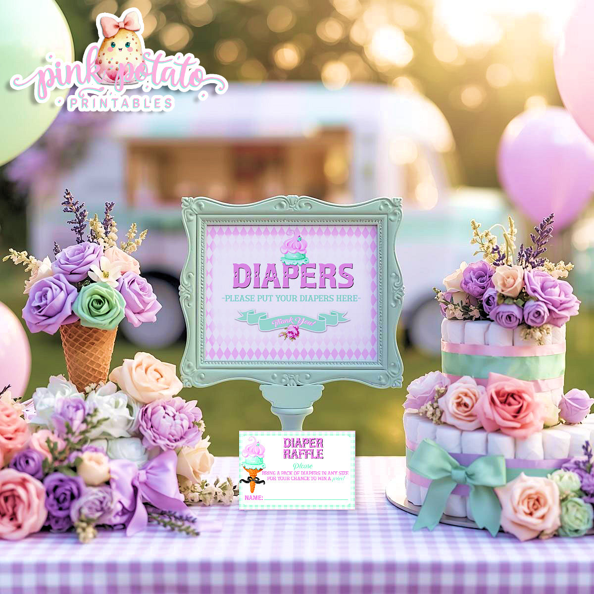 Here's The Scoop-Diaper Raffle Sign and Insert Cards-Ice Cream Baby Shower-Signs-Ice Cream Party Sign-Baby Shower-Digital-INSTANT DOWNLOAD