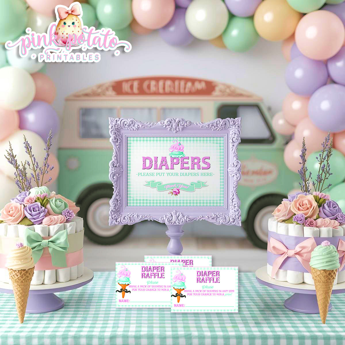 Here's The Scoop-Diaper Raffle Sign and Insert Cards-Ice Cream Baby Shower-Signs-Ice Cream Party Sign-Baby Shower-Digital-INSTANT DOWNLOAD