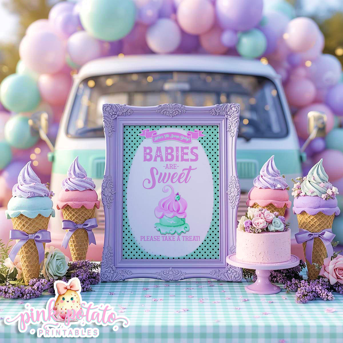 Here's The Scoop, Baby-Baby Shower Signs-Ice Cream Baby Shower-3 Signs Editable in Corjl-Customizable-Make your Own-Digital-INSTANT DOWNLOAD