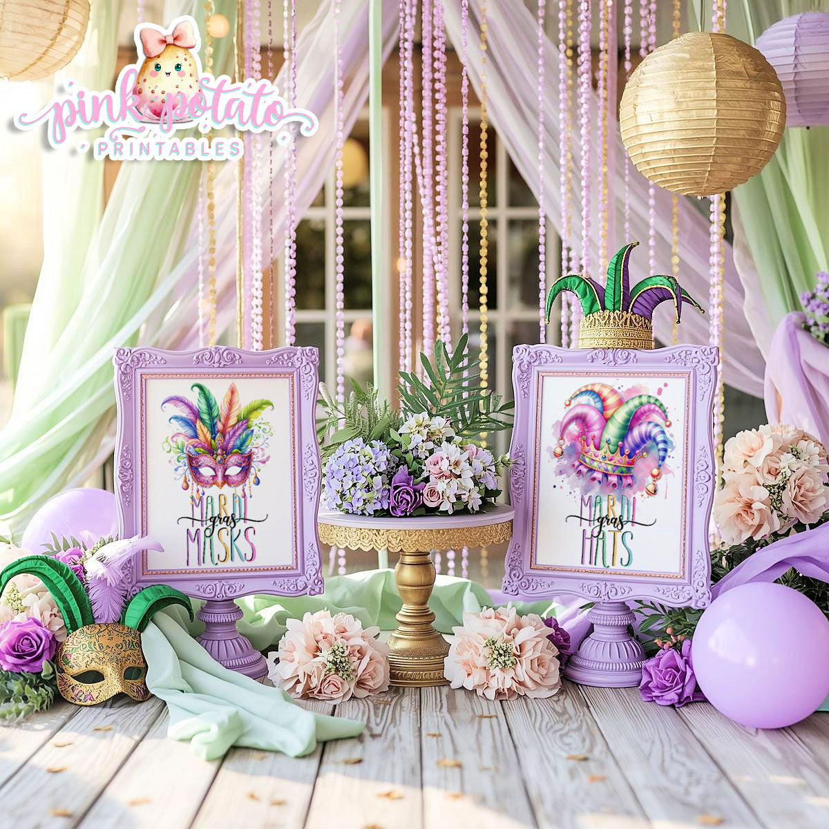 Mardi Gras-Party Signs-Mardi Gras Masks Sign-Mardi Gras Hats Sign-Mardi Gras Theme-Fat Tuesday-Party Printable-Digital-INSTANT DOWNLOAD