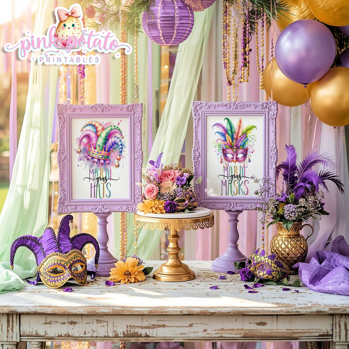 Mardi Gras-Party Signs-Mardi Gras Masks Sign-Mardi Gras Hats Sign-Mardi Gras Theme-Fat Tuesday-Party Printable-Digital-INSTANT DOWNLOAD