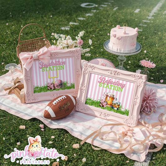 Birthday Football-Hydration Station & Refueling Station Signs-Pink Football-Super Bowl Sunday-Sports-Digital-INSTANT DOWNLOAD