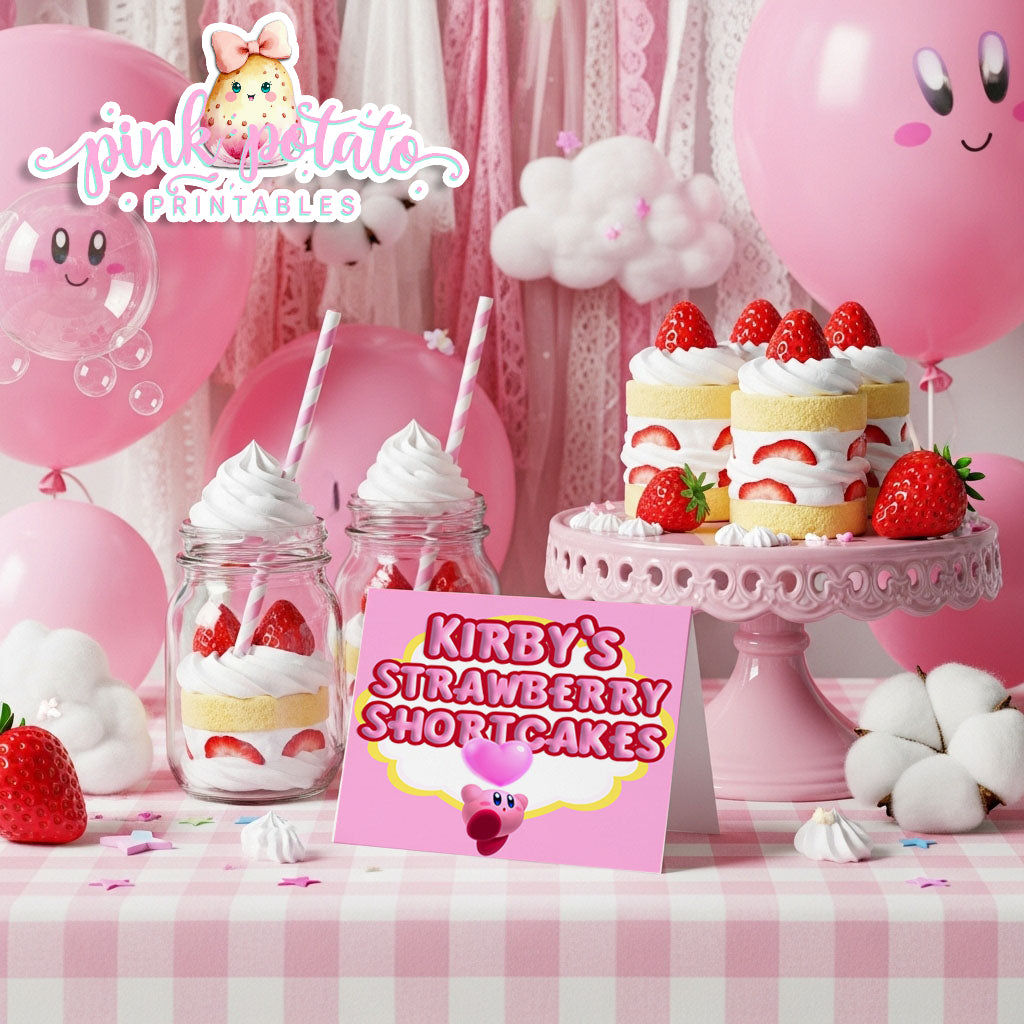 Kirby-PREFILLED Buffet Cards-18 Cards-Kirby Party Theme-INSTANT DOWNLOAD