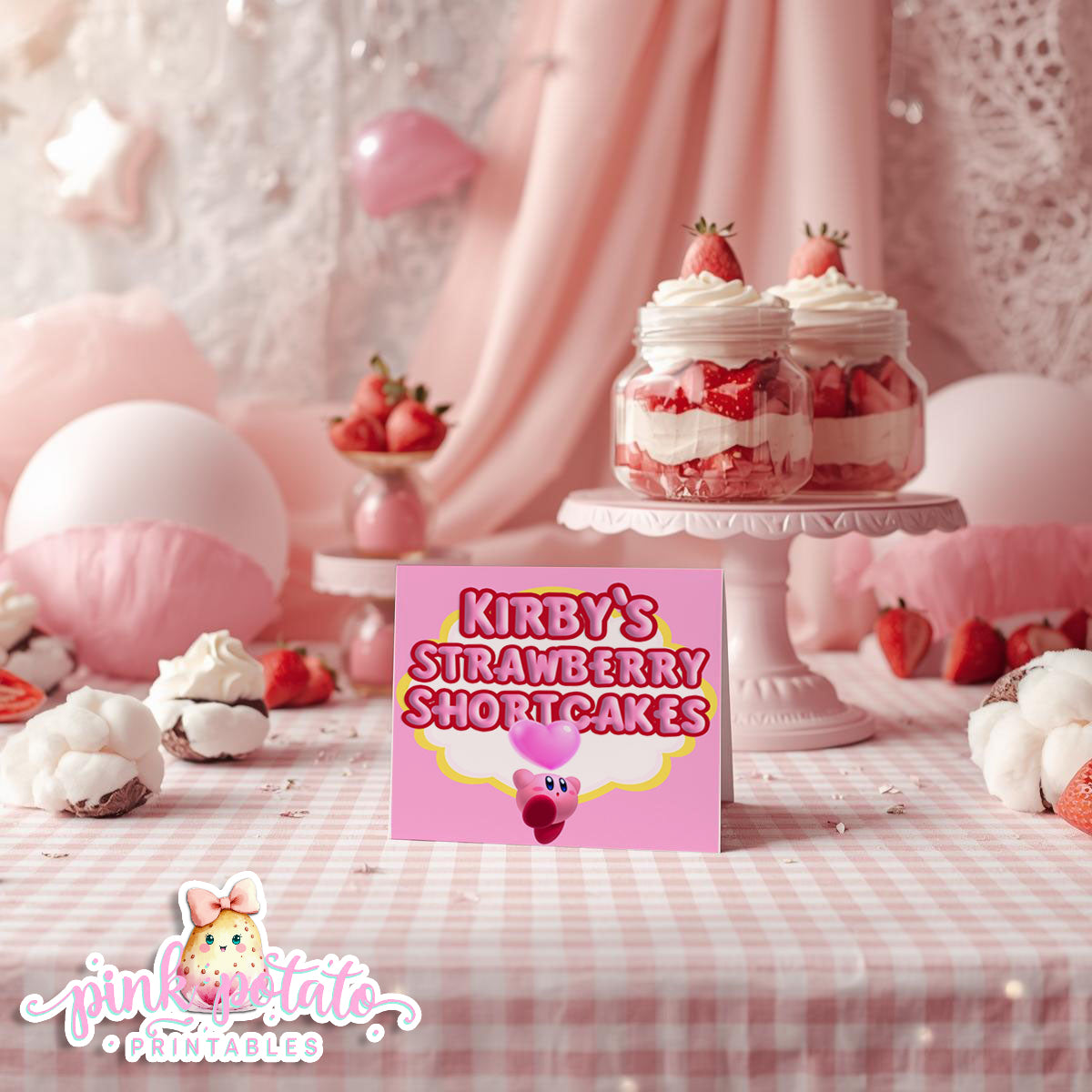 Kirby-PREFILLED Buffet Cards-18 Cards-Kirby Party Theme-INSTANT DOWNLOAD