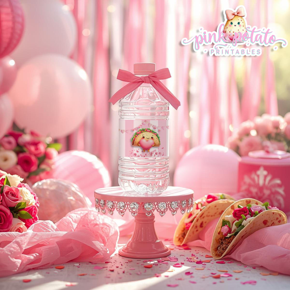 Pink Valentine-Taco Bar-Water Bottle Labels-Valentine's Day-Waterbottle-Valentine's Party-INSTANT DOWNLOAD