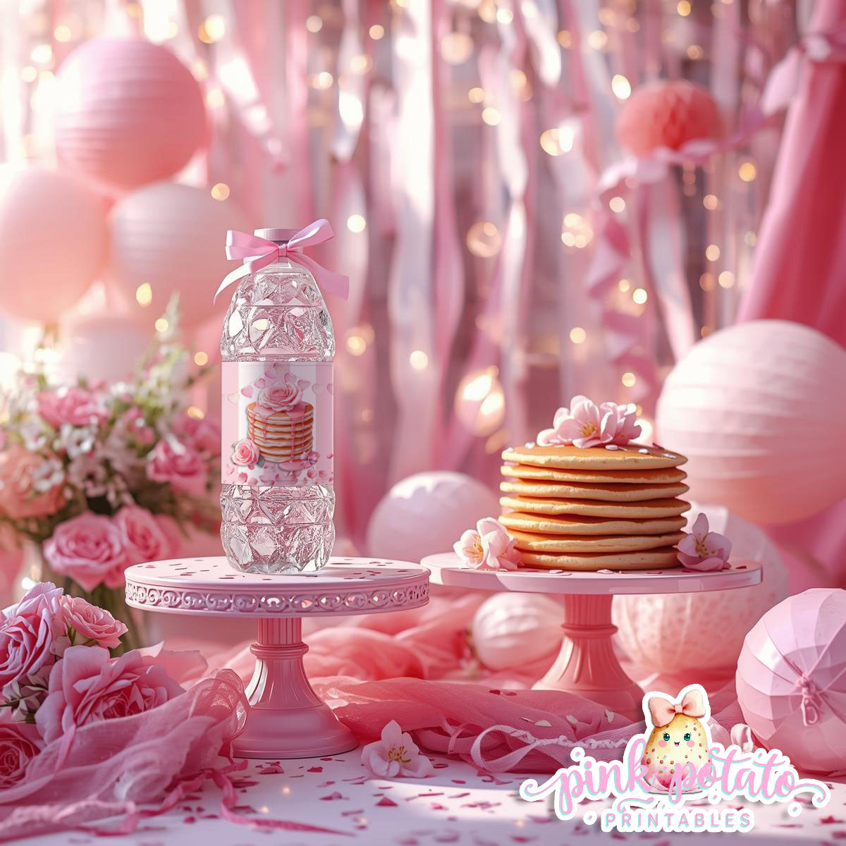Pink Valentine-Pancake Bar-Water Bottle Labels-Valentine's Day-Waterbottle-Valentine's Party-INSTANT DOWNLOAD