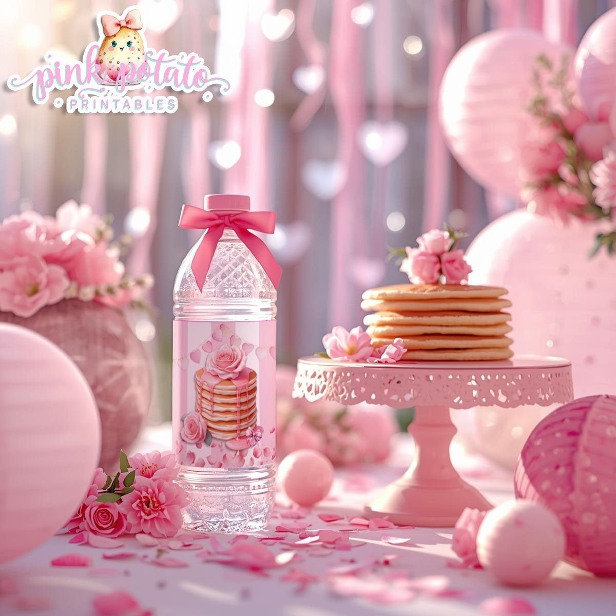 Pink Valentine-Pancake Bar-Water Bottle Labels-Valentine's Day-Waterbottle-Valentine's Party-INSTANT DOWNLOAD