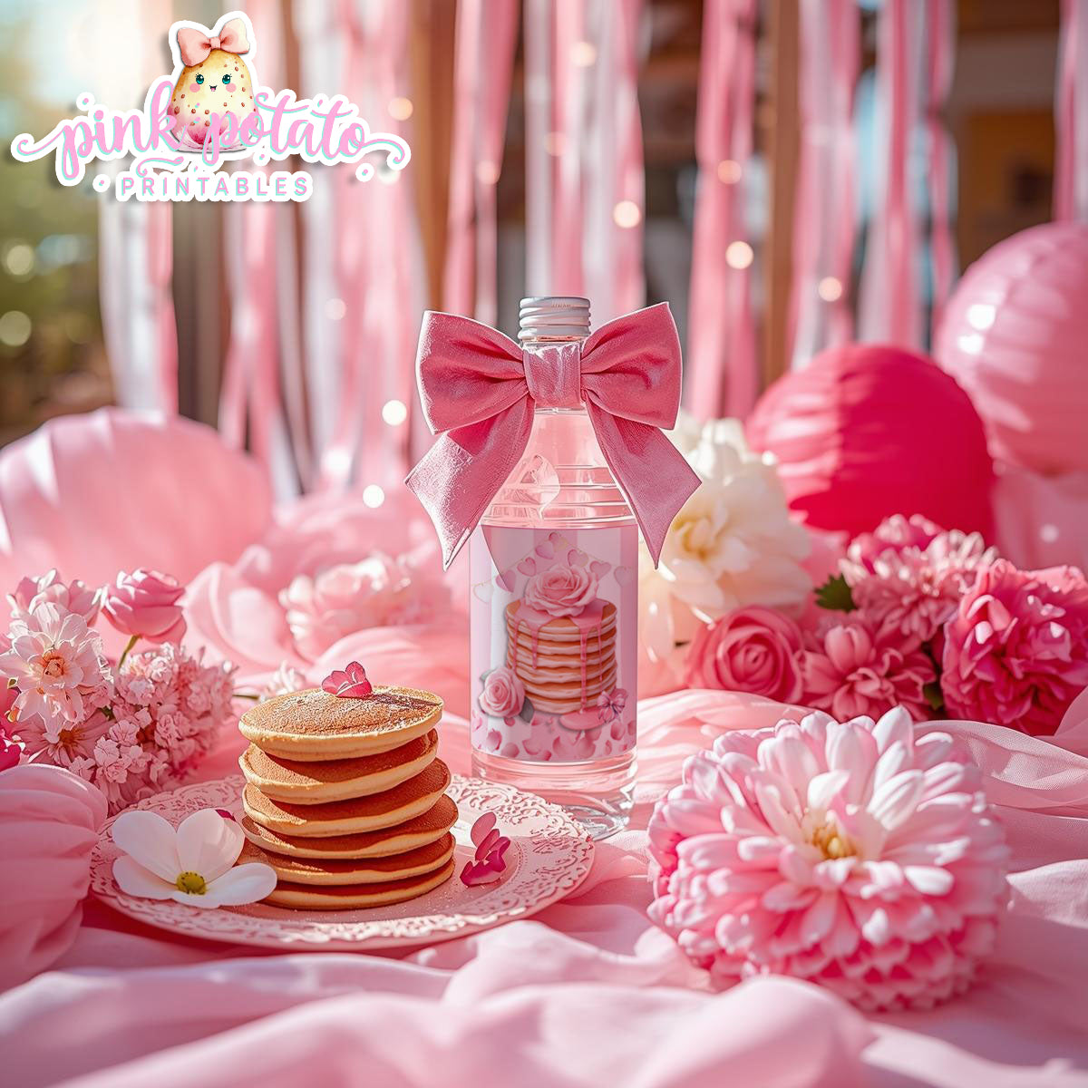 Pink Valentine-Pancake Bar-Water Bottle Labels-Valentine's Day-Waterbottle-Valentine's Party-INSTANT DOWNLOAD