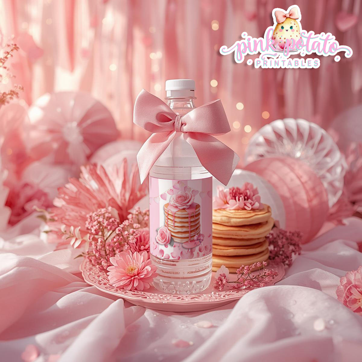Pink Valentine-Pancake Bar-Water Bottle Labels-Valentine's Day-Waterbottle-Valentine's Party-INSTANT DOWNLOAD