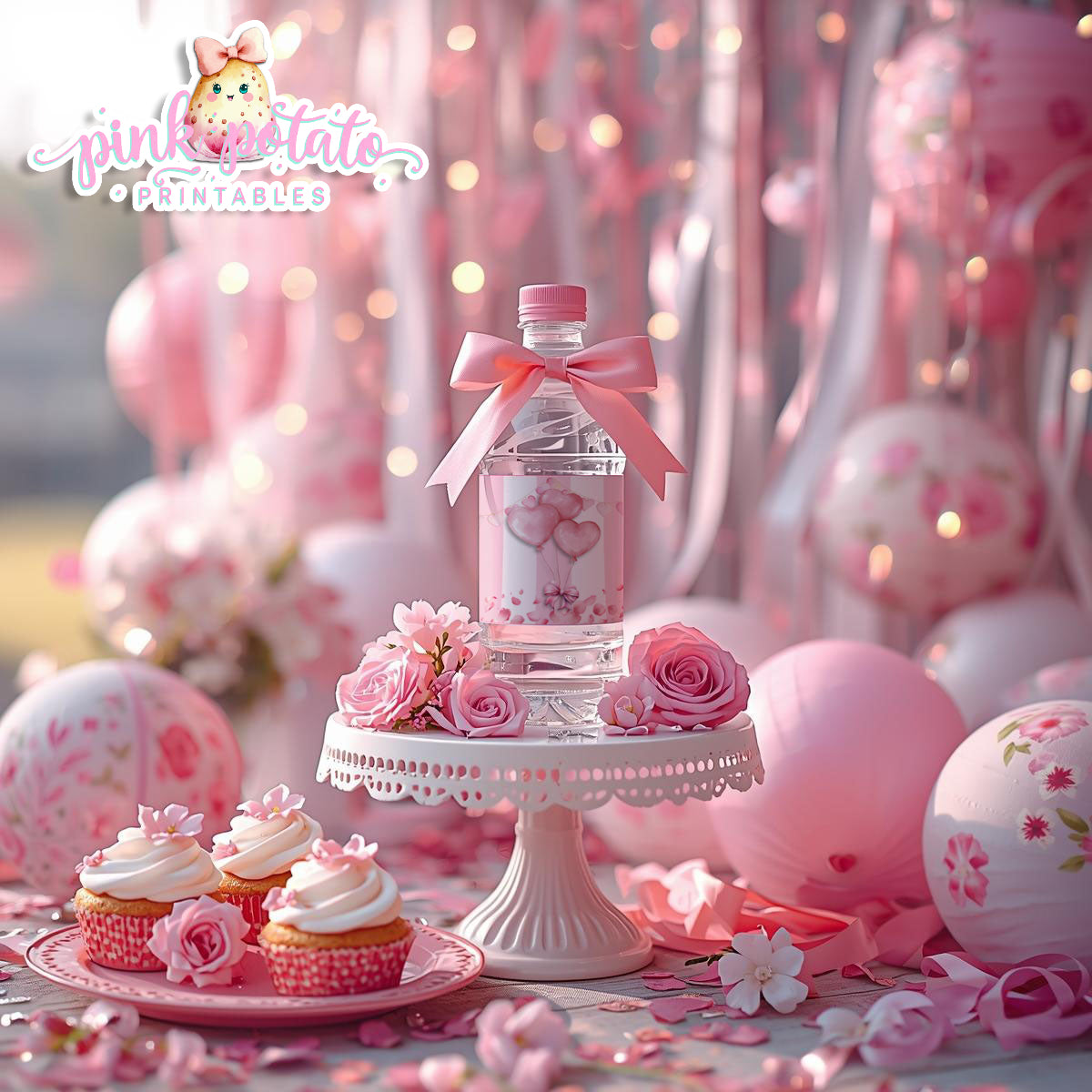 Pink Valentine-Water Bottle Labels-Valentine's Day-Waterbottle-Valentine's Party-INSTANT DOWNLOAD