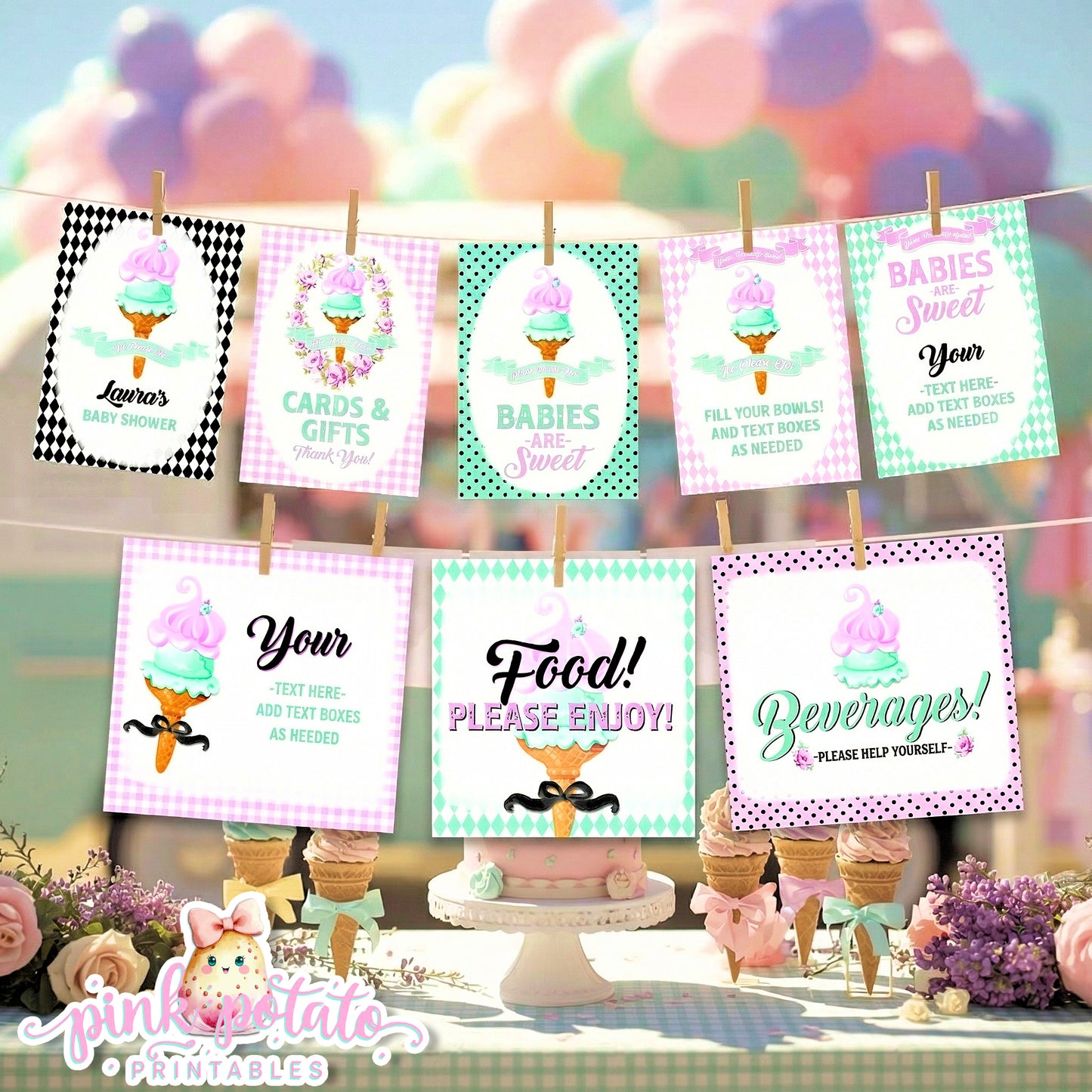 Here's The Scoop, Baby-Baby Shower Signs-Ice Cream Baby Shower-3 Signs Editable in Corjl-Customizable-Make your Own-Digital-INSTANT DOWNLOAD