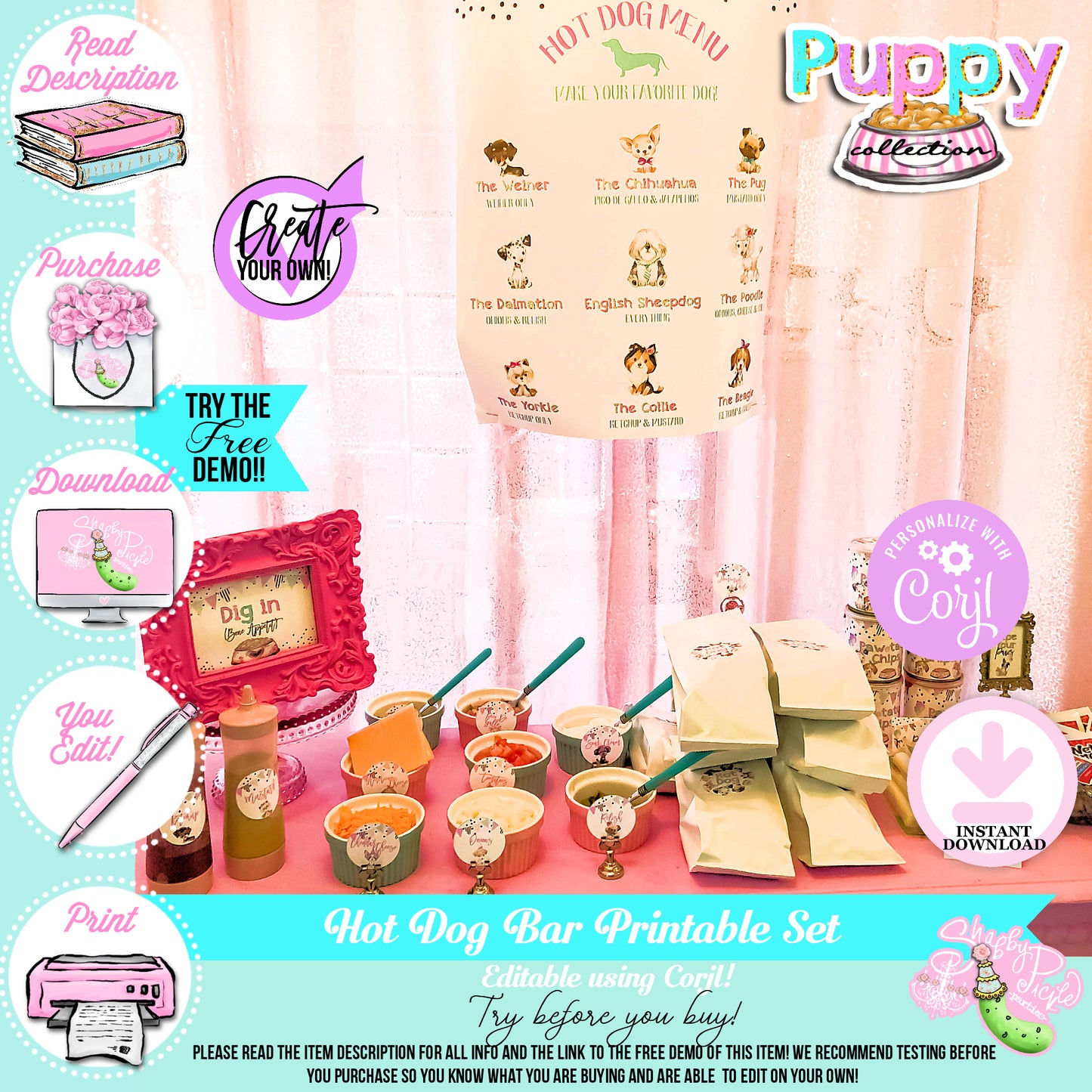 Puppy Pawty-Hot Dog Bar-Edit in Corjl-Customize-Editable Items-See Description-Puppy Party-Birthday-Personalize-Digital-INSTANT DOWNLOAD