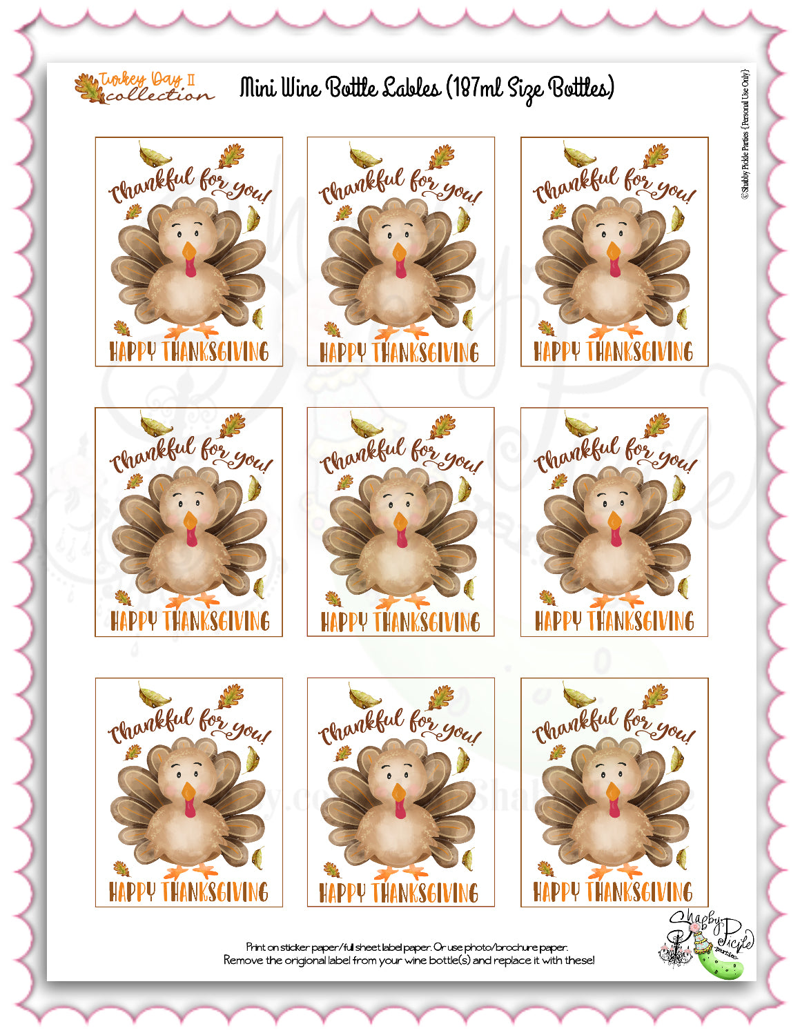 Turkey Day II-Mini Wine Bottle Labels-187ml Wine Bottles-Printable-Thanksgiving Labels-Thanksgiving Dinner-Holiday Party-INSTANT DOWNLOAD