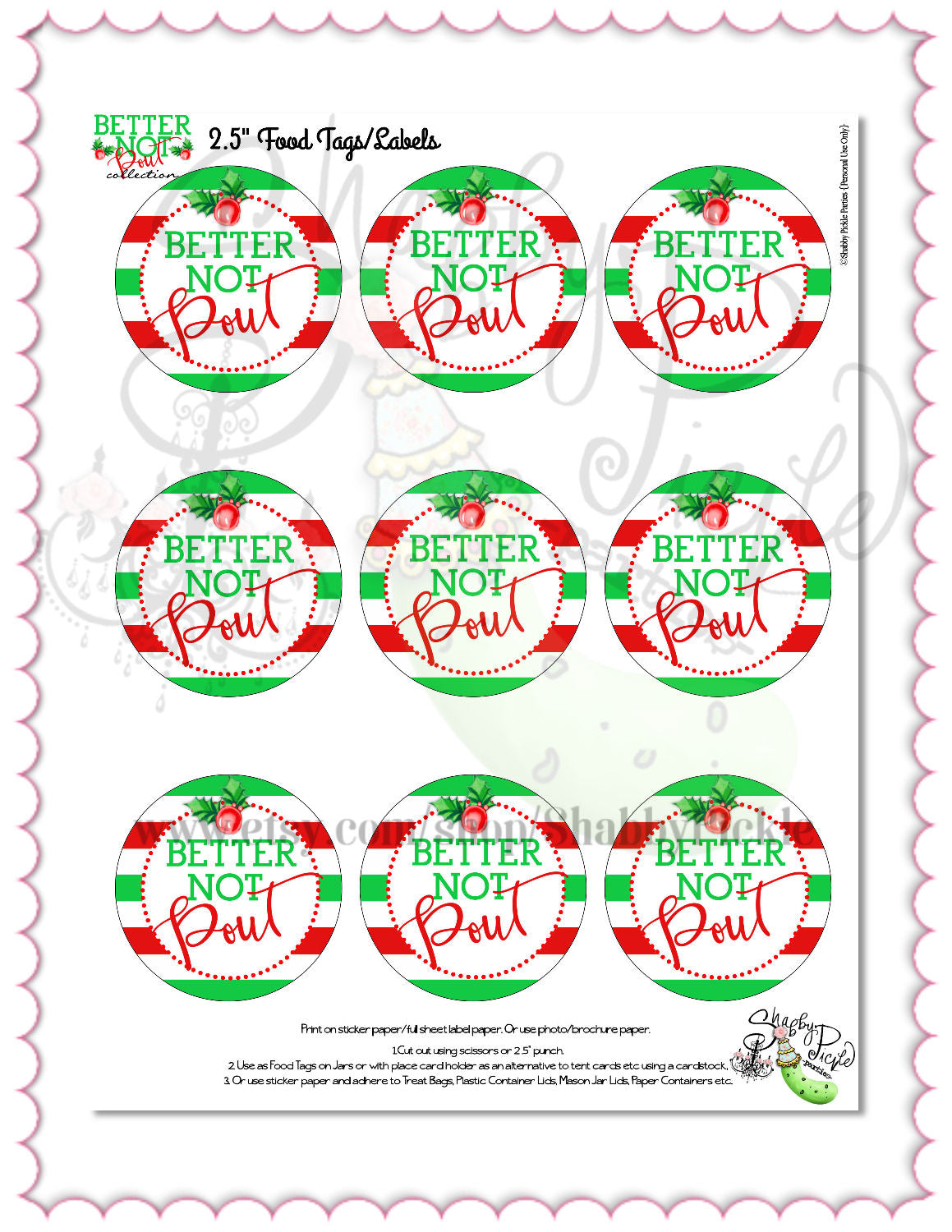 Better Not Pout-Round Tags-Printable-Christmas Party-Class Room Favor-Gift Tags-Favors-XMas-Holiday-Winter-Santa-Digital-INSTANT DOWNLOAD