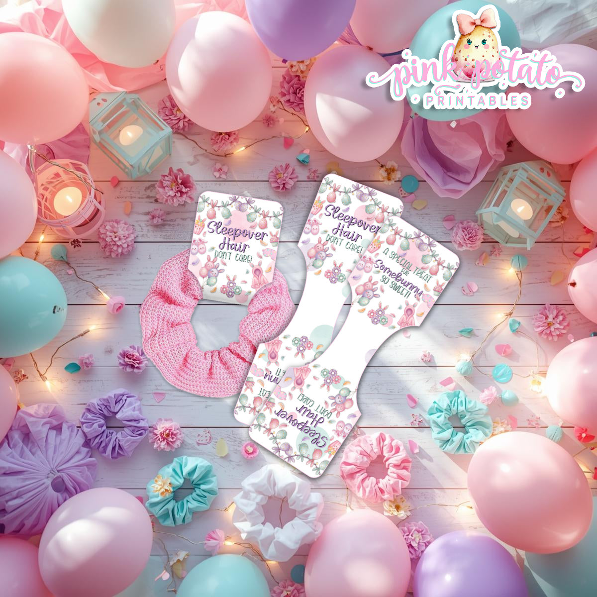 Easter Sleepover-Hair Scrunchie Holder-Easter Slumber Party-Scrunchie Tags-Easter Birthday-Easter Party-Easter Sunday-Happy Birthday-Birthday Sleepover Party-Birthday Slumber Party-Bunny-INSTANT DOWNLOAD