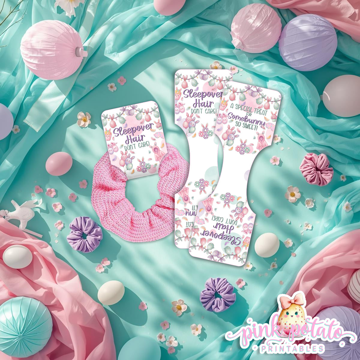 Easter Sleepover-Hair Scrunchie Holder-Easter Slumber Party-Scrunchie Tags-Easter Birthday-Easter Party-Easter Sunday-Happy Birthday-Birthday Sleepover Party-Birthday Slumber Party-Bunny-INSTANT DOWNLOAD