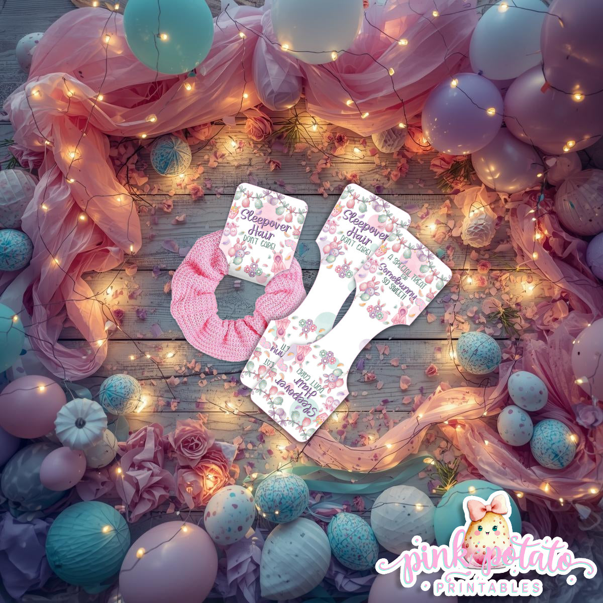 Easter Sleepover-Hair Scrunchie Holder-Easter Slumber Party-Scrunchie Tags-Easter Birthday-Easter Party-Easter Sunday-Happy Birthday-Birthday Sleepover Party-Birthday Slumber Party-Bunny-INSTANT DOWNLOAD